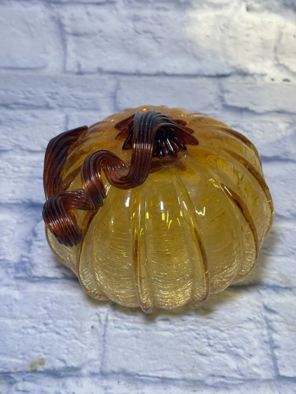 Glass Amber Pumpkin Hand Blown Crackle Finish Thanksgiving Curly Steam Pier One